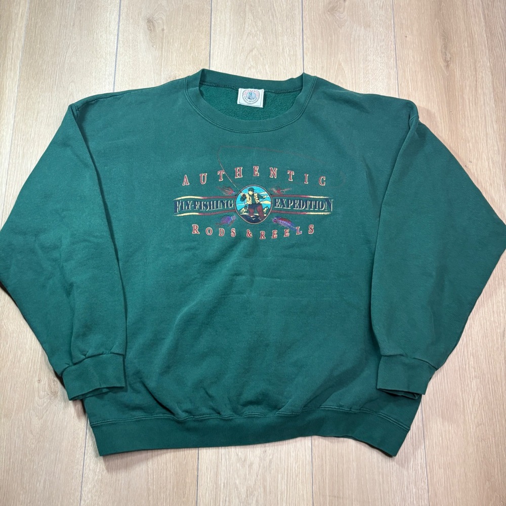 Vintage Cape Isle Knitters Fly Fishing Expedition Sweatshirt Green XL Mens 90s